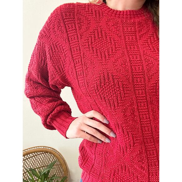 80’s Red Cotton Cable Knit Sweater size Medium - Picture 6 of 13